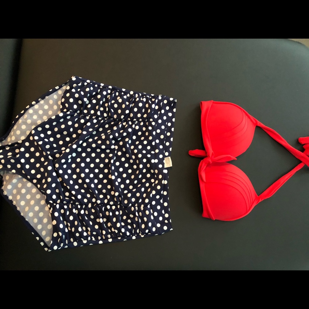 Never Worn-High Waist Bikini Set: Navy/white,  Red